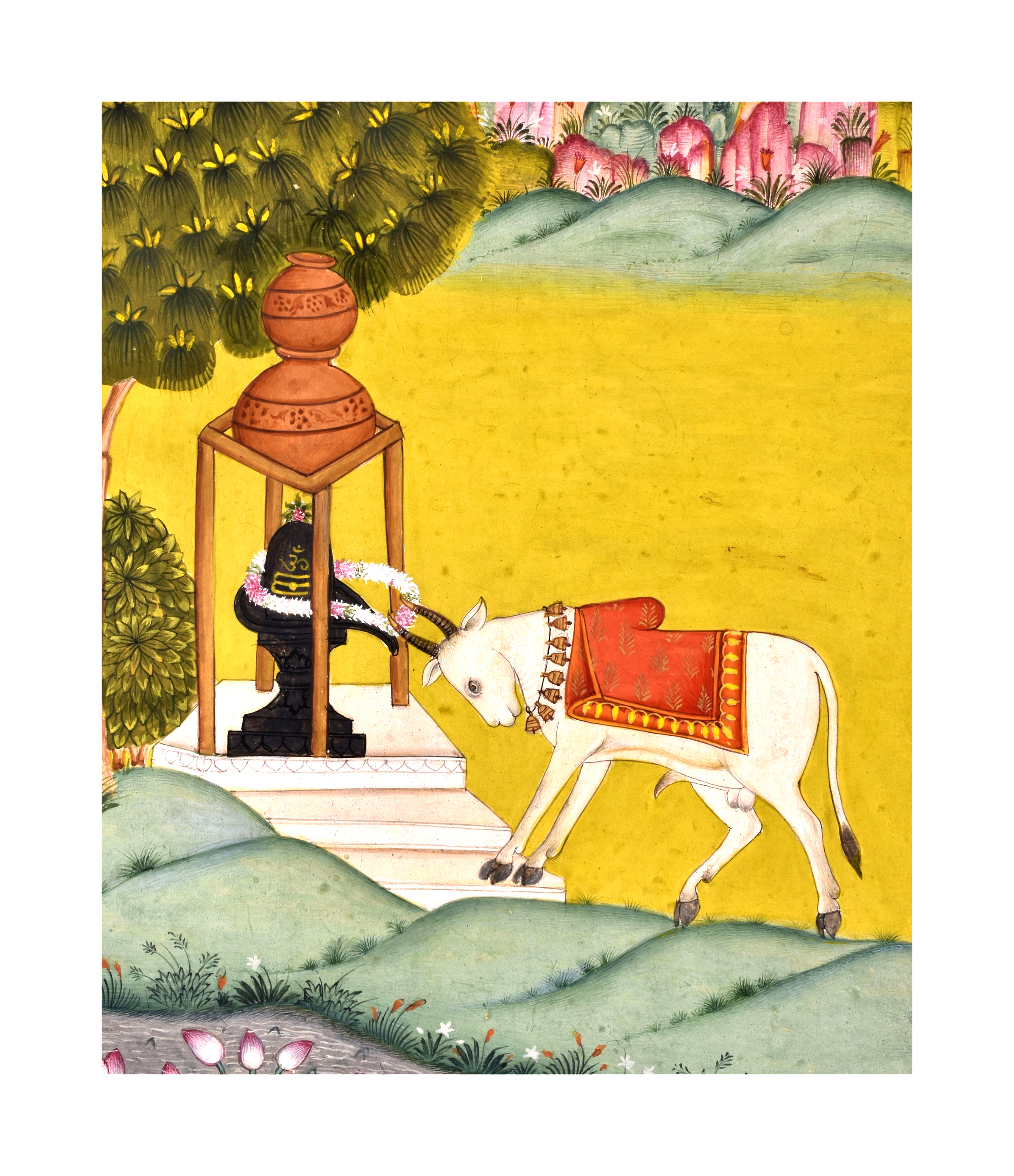 AN UNUSUAL PAHARI/BILASPUR PAINTING OF NANDI HONOURING LORD SHIVA WITH A GARLAND NEAR A LOTUS POND, - Image 2 of 3