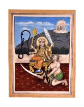 DEVU SEATED ON A GOLDEN THRONE WITH A SNAKE, KILLING A DEMON, ALWAR SCHOOL, 19TH CENTURY