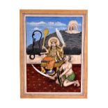 DEVU SEATED ON A GOLDEN THRONE WITH A SNAKE, KILLING A DEMON, ALWAR SCHOOL, 19TH CENTURY