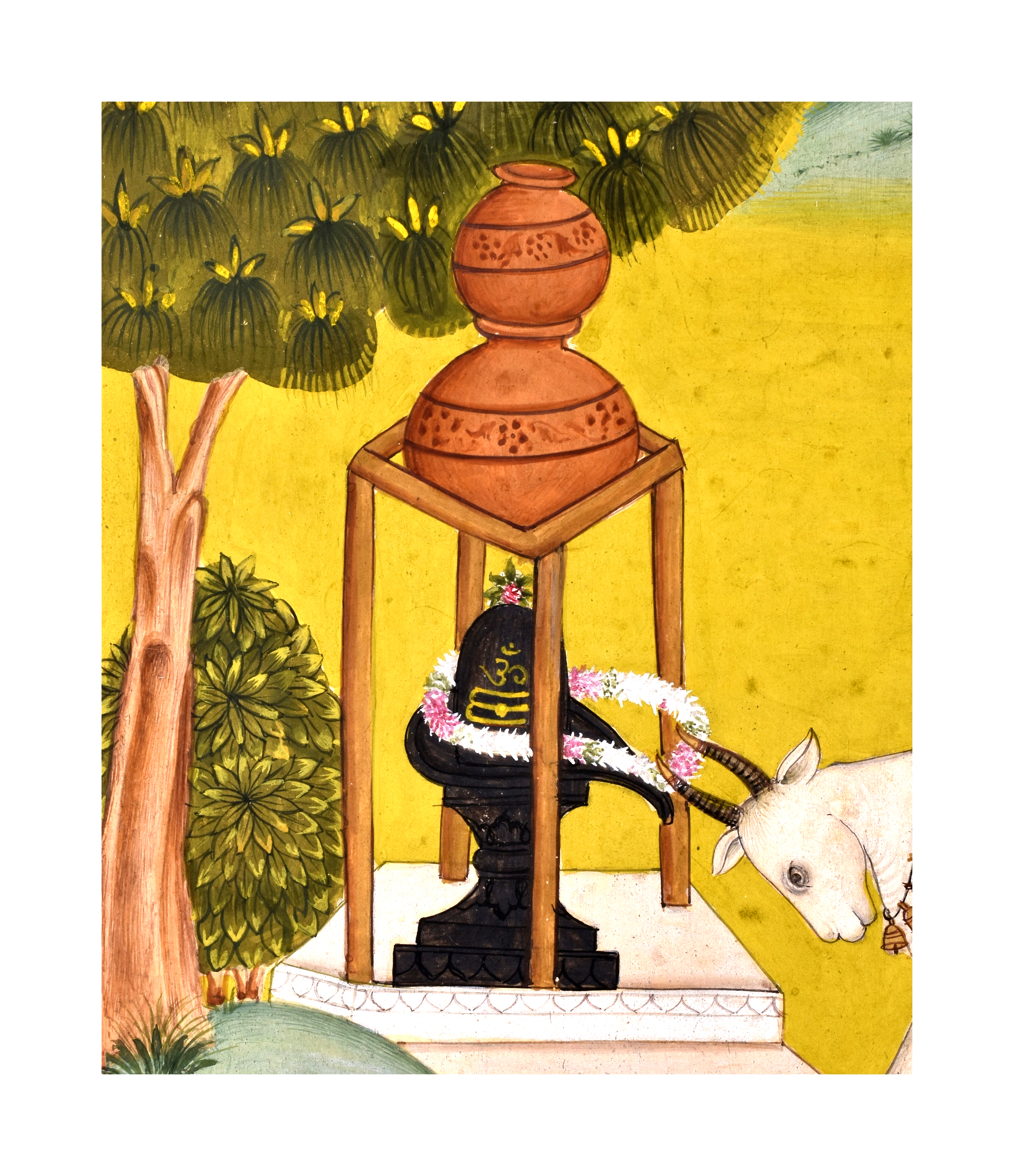 AN UNUSUAL PAHARI/BILASPUR PAINTING OF NANDI HONOURING LORD SHIVA WITH A GARLAND NEAR A LOTUS POND, - Image 3 of 3