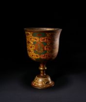 AN INDIAN BRONZE & ENAMEL CHALICE DEPICTING MUHAMMAD SHAH DATED 1719, 18TH CENTURY