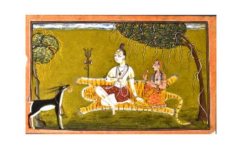 A PAHARI/BASHOLI SCHOOL SCENE OF LORD SHIVA & PARVATI SEATED ON A TIGER SKIN UNDER A TREE, 18TH CENT