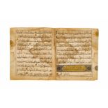 AN ILLUMINATED BIFOLIO LEAF FROM A TIMURID QURAN WRITTEN BY BAYSUNGHUR ,14TH CENTURY, PERSIA/EGYPT