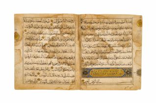 AN ILLUMINATED BIFOLIO LEAF FROM A TIMURID QURAN WRITTEN BY BAYSUNGHUR ,14TH CENTURY, PERSIA/EGYPT