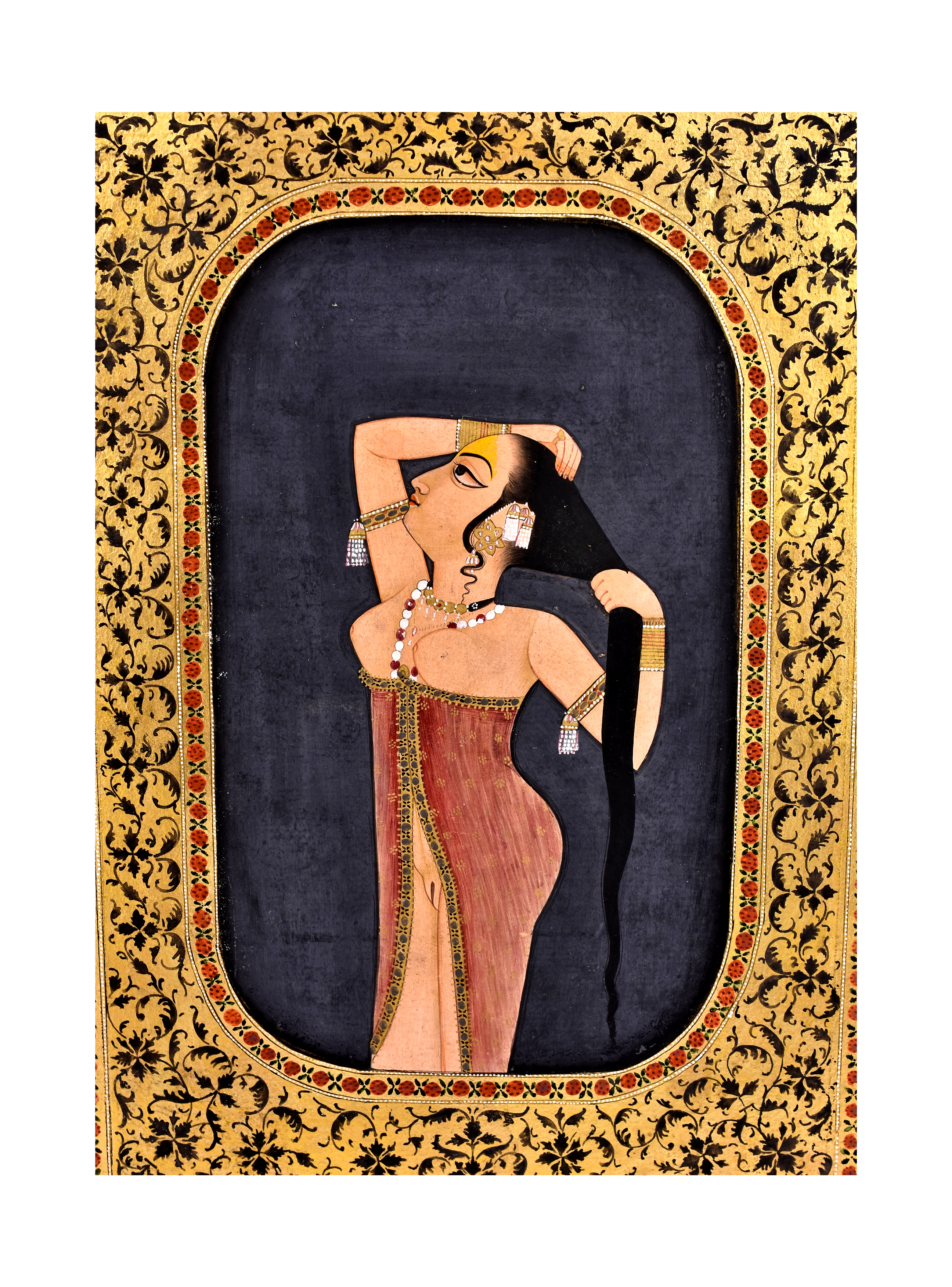 AN ILLUMINATED PAINTING OF A BATHING PRINCESS IN AN OVAL SETTING, MUGHAL, 18TH CENTURY - Image 2 of 3