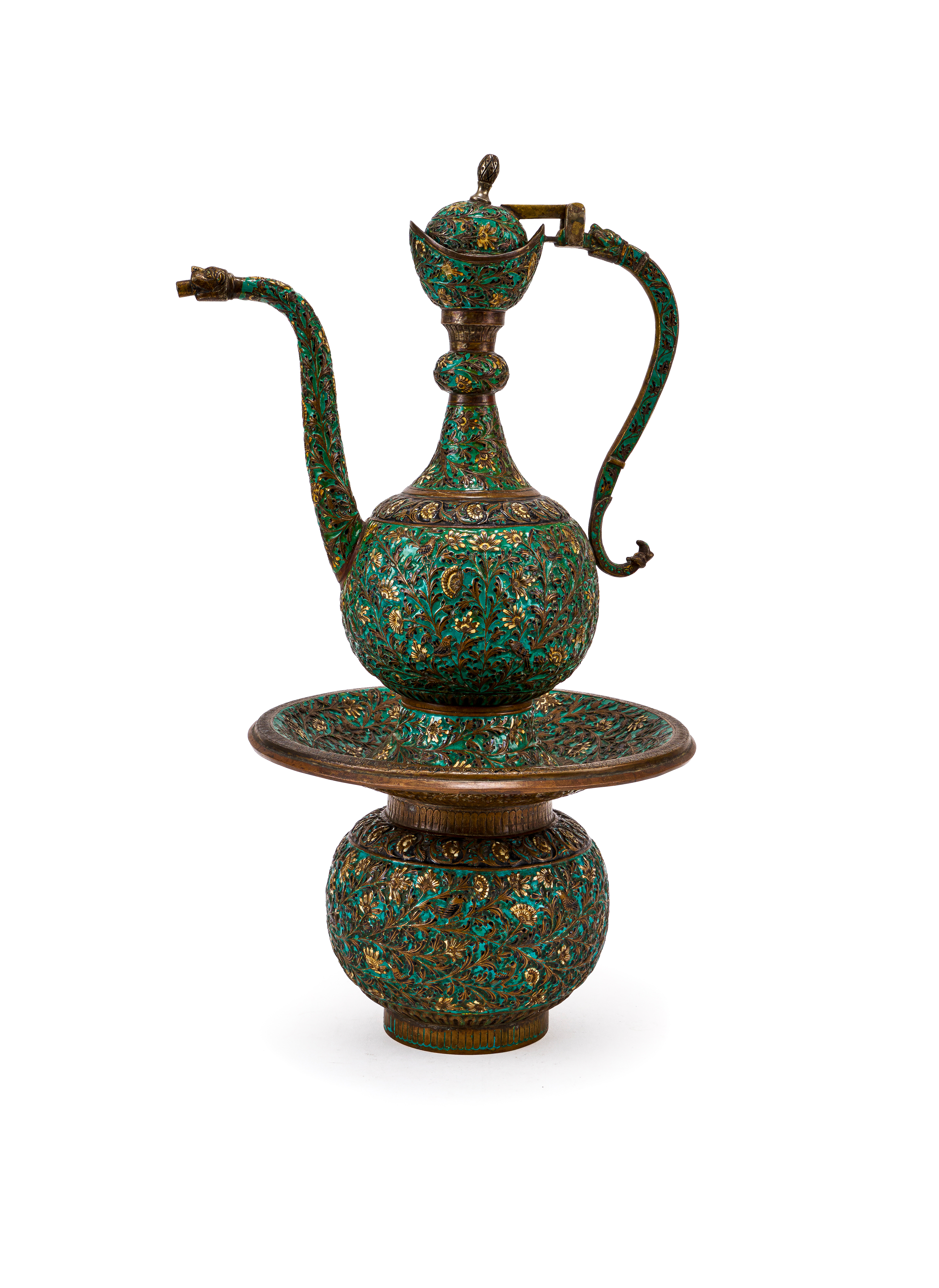 A FINE ENAMELLED BRONZE INDIAN EWER & BASIN, 18TH/19TH CENTURY