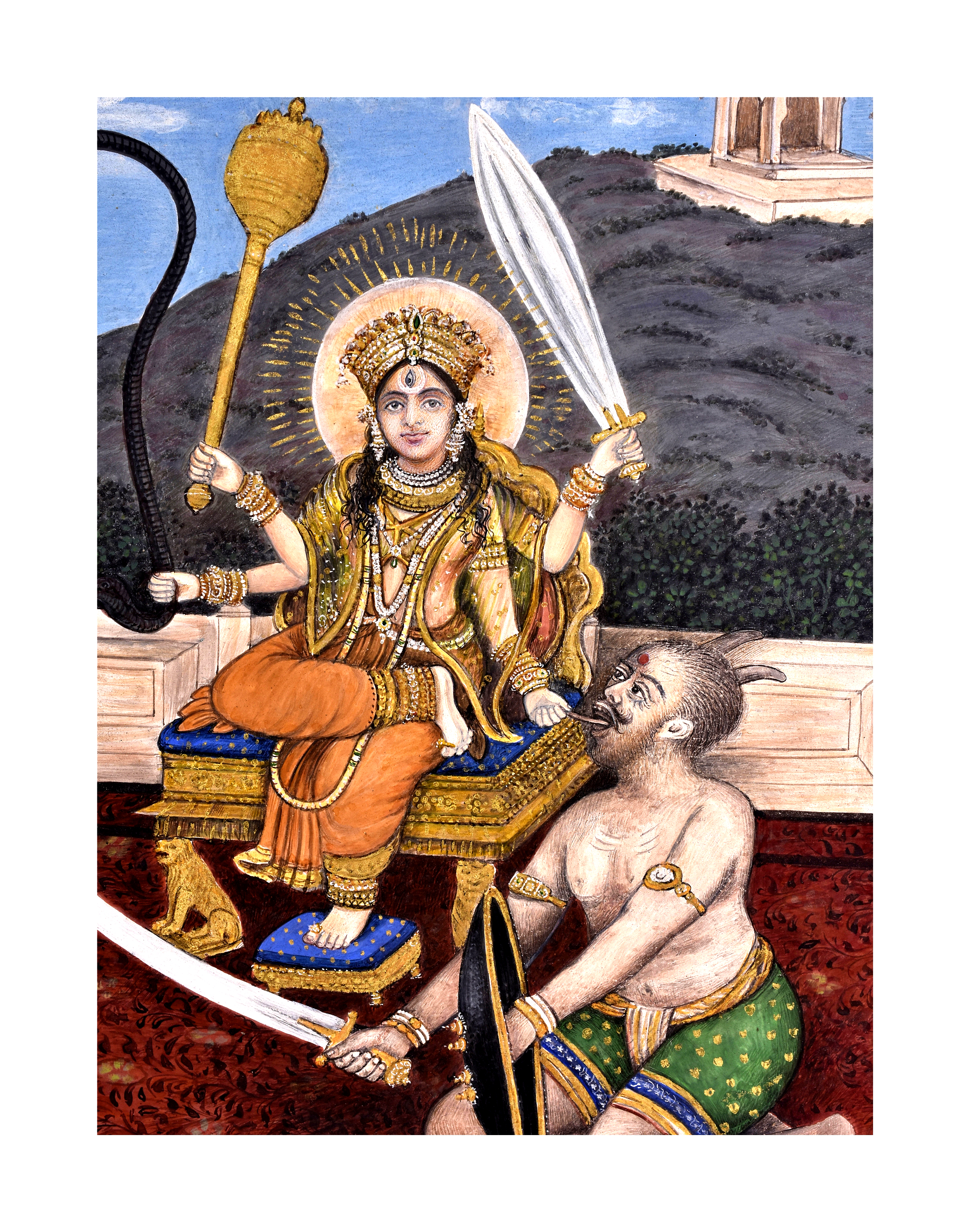 DEVU SEATED ON A GOLDEN THRONE WITH A SNAKE, KILLING A DEMON, ALWAR SCHOOL, 19TH CENTURY - Image 2 of 6