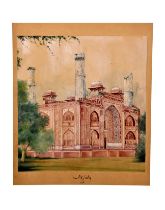 A LARGE COMPANY SCHOOL WATERCOLOUR OF THE GATE OF THE TOMB OF EMPEROR AKBAR AT SIKANDRA WITH INSCRIP