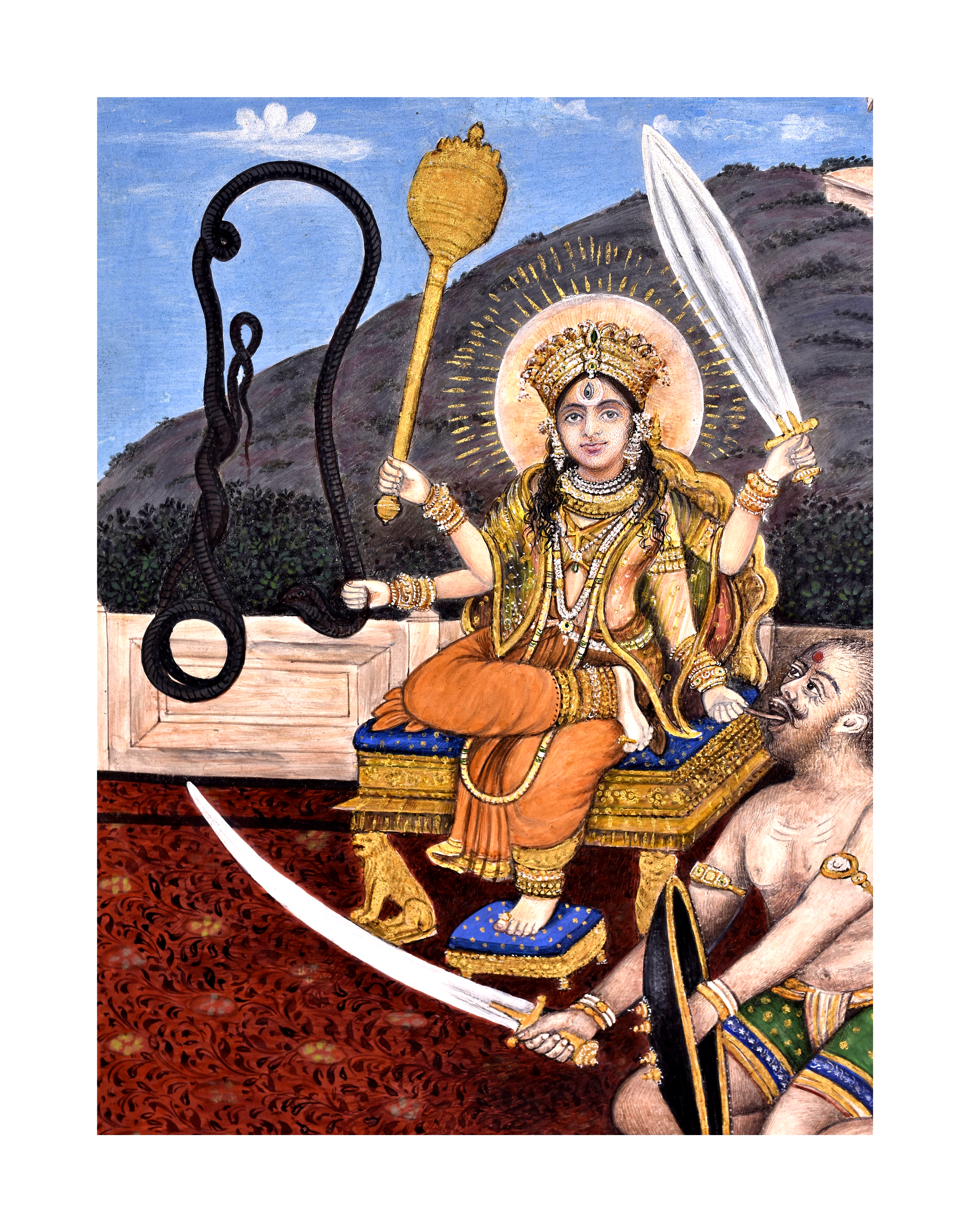 DEVU SEATED ON A GOLDEN THRONE WITH A SNAKE, KILLING A DEMON, ALWAR SCHOOL, 19TH CENTURY - Image 5 of 6