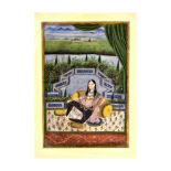 A COURTESAN SEATED ON A TERRACE OF A GARDEN WITH A PET, 19TH CENTURY, JAIPUR/ALWAR SCHOOL