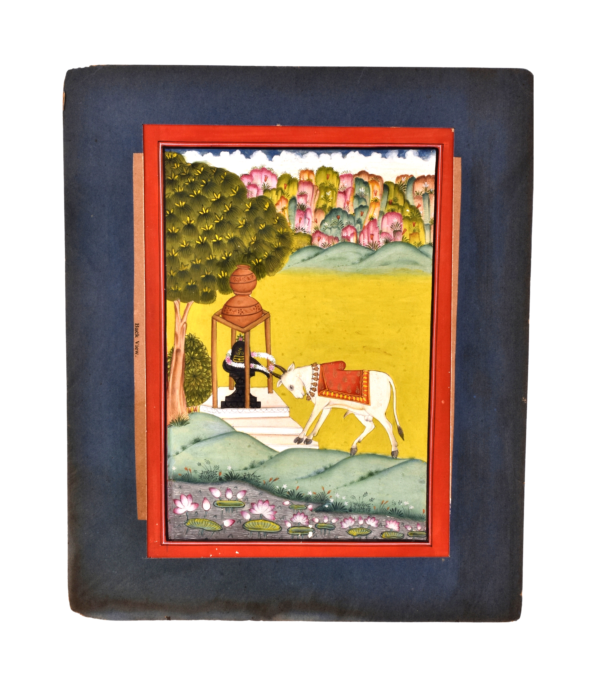 AN UNUSUAL PAHARI/BILASPUR PAINTING OF NANDI HONOURING LORD SHIVA WITH A GARLAND NEAR A LOTUS POND,