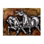 MAQBOOL FIDA HUSAIN (1915-2011) "HORSES" SIGNED TOP RIGHT IN HINDI & WATERCOLOUR ON SHEET