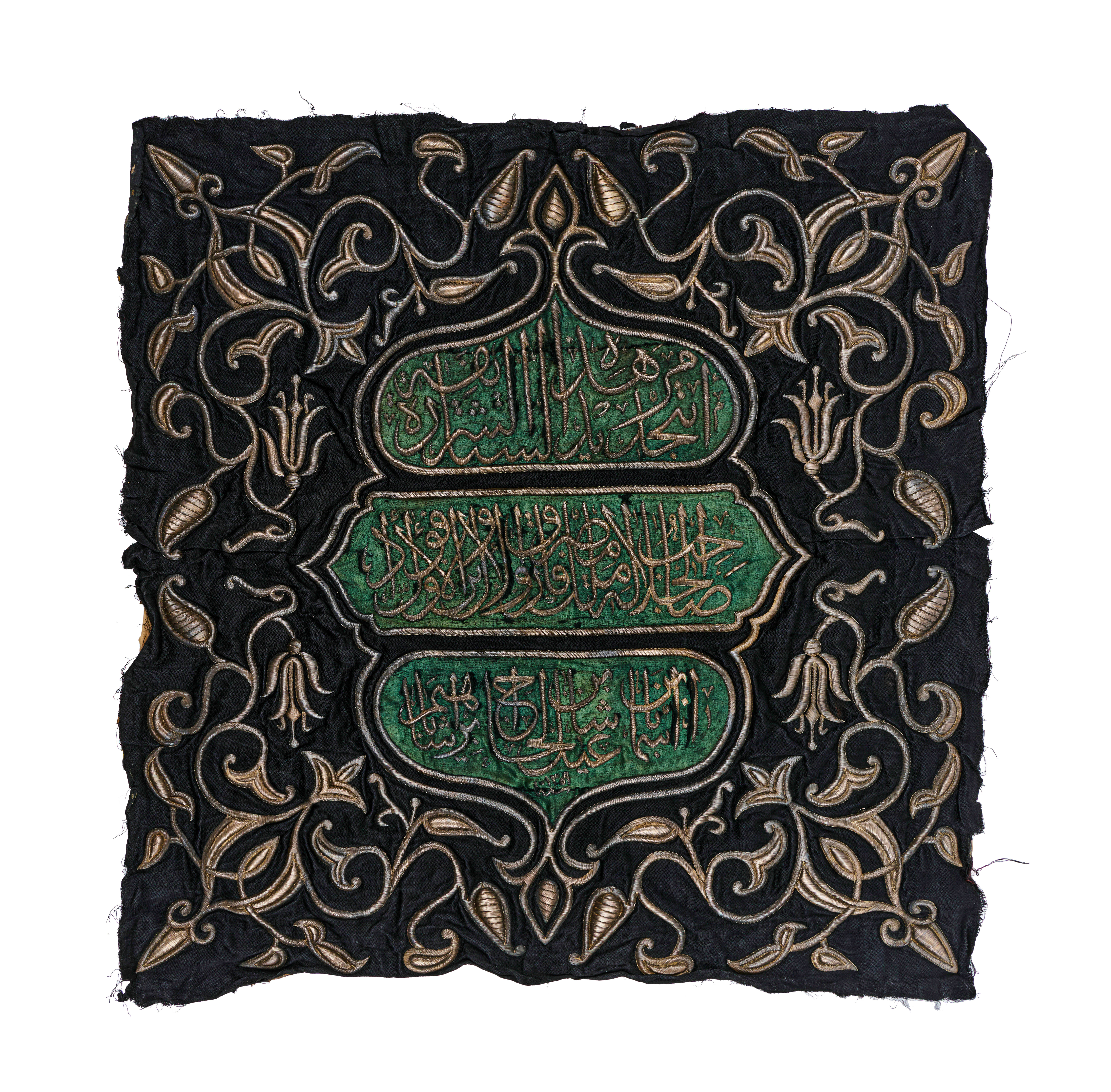 A GILT AND SILVER EMBROIDERED METAL THREAD TEXTILE HANGING DATED 1309AH, 19TH CENTURY