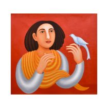 MANJIT BAWA (1941-2008) LADY AND BIRD, OIL ON CANVAS, SIGNED ON REVERSE