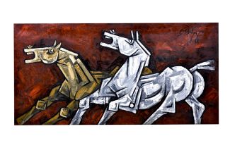 MAQBOOL FIDA HUSAIN (1915-2011) "RUNNING HORSES" SIGNED TOP RIGHT, OIL ON CANVAS