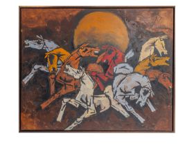 M.F. HUSAIN (1915-2011) "HORSES OF THE SUN" OIL ON CANVAS