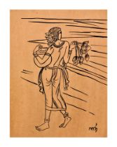 NANDALAL BOSE (1882-1966) "UNTILTED" LADY, SIGNED BOTTOM RIGHT, PEN.BRUSH ON PAPER