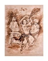 MAHADEV VISHWANATH DHURANDHAR (1867-1944) MAHRASHTRIAN DANCE. SIGNED BOTTOM LEFT, WATERCOLOUR ON PAP