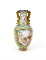 A RARE YELLOW GROUND CHINESE ENAMEL EUROPEAN LOVER SCENE VASE, QIANLONG FOUR-CHARACTER MARK WITHIN