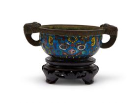 A TWIN-HANDLED CLOISONNE ENAMEL CENSER, MING DYNASTY (1368-1644)