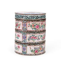A CHINESE FOUR LAYERED ENAMEL STACKING BOX, 18TH CENTURY