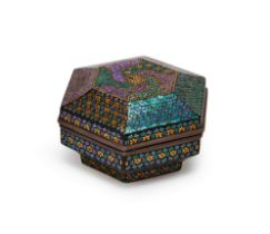 A RARE HEXAGONAL MOTHER OF PEARL INLAID CHINESE LACQUER BOX, MING DYNASTY (1368-1644)
