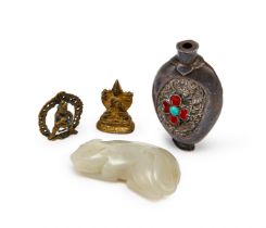 TWO CHINESE TIBETAN FIGURES & A JADE SNUFF BOTTLE AND A SEATED QILIN, QING DYNASTY (1644-1911)