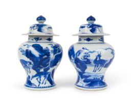 A PAIR OF CHINESE BLUE & WHITE "DEER AND CRANE" BAULSTER VASES, KANGXI PERIOD (1662-1722)