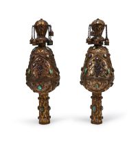 A PAIR OF BUKHARA SILVER GEM SET TORAH FINIALS, DECORATED WITH HANGING BELLS , LATE 19TH CENTURY