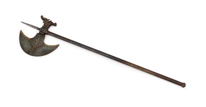 A QAJAR GOLD DAMASCENED STEEL AXE, PERSIA, 19TH CENTURY