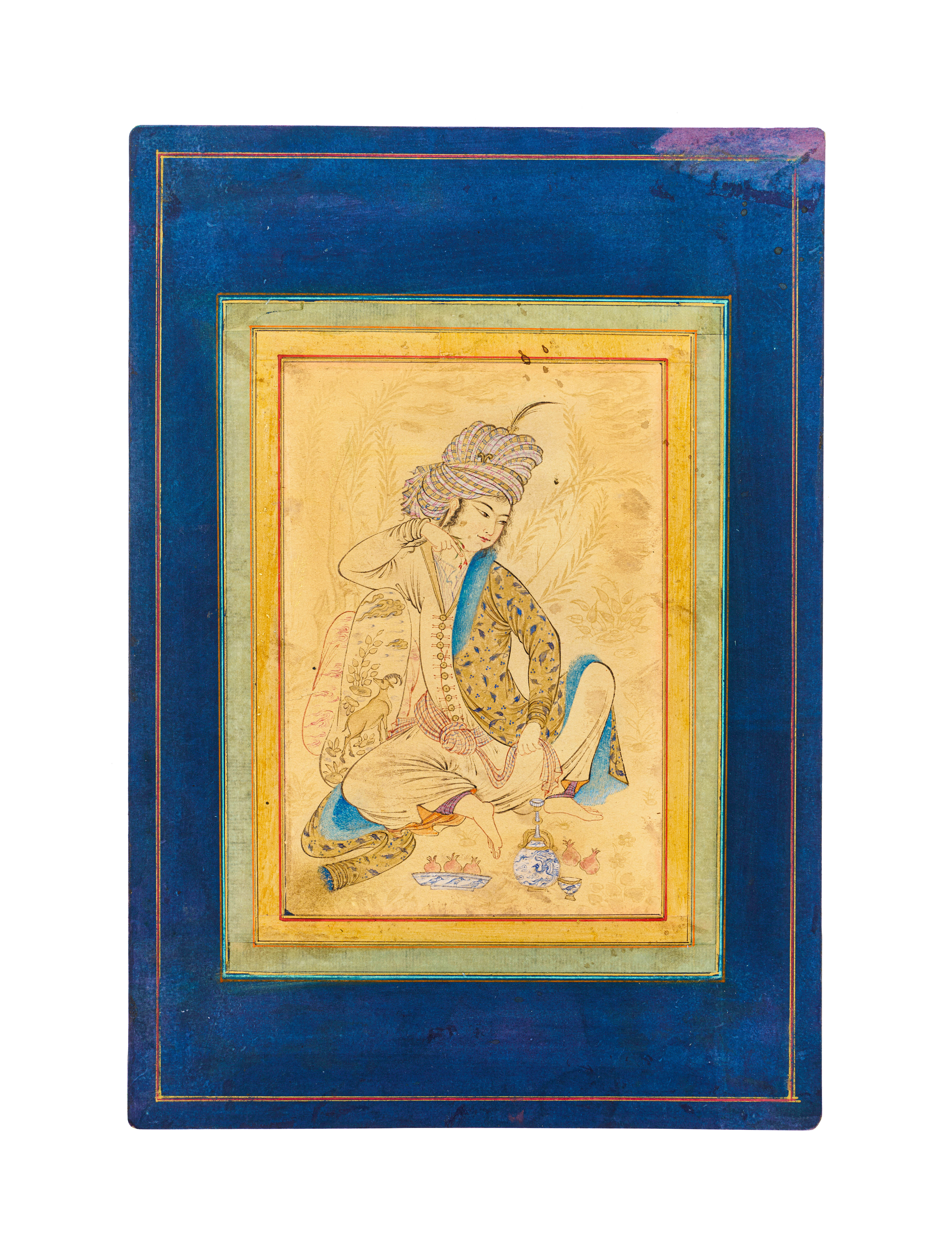 A SEATED YOUTH WITH A WINE CUP, PERSIA, QAJAR, SAFAVID STYLE, SECOND HALF 19TH CENTURY