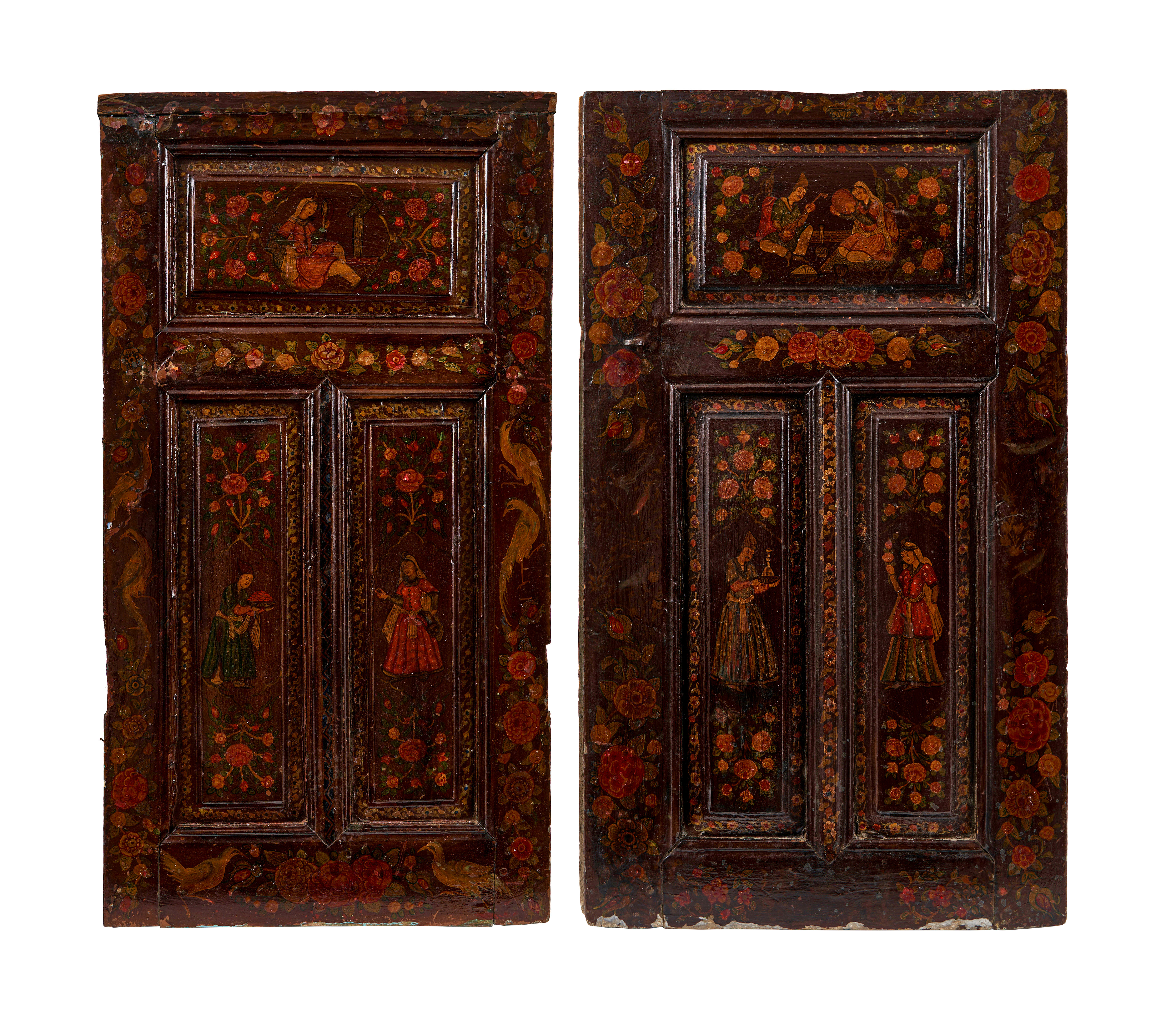 A PAIR OF QAJAR PAINTED AND GESSO APPLIED WOODEN DOORS, 19TH CENTURY, PERSIA
