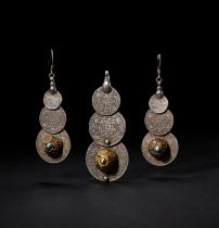 A SILVER TALISMANIC PAIR OF EARRINGS & PENDANT SET, 19TH CENTURY
