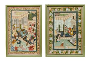 A PAIR OF FRAMED INDO PERSIAN PAINTINGS ON TEXTILE, 20TH CENTURY