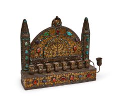 A BUKHARA GEM SET WHITE METAL JEWISH HANUKKAH, LATE 19TH CENTURY