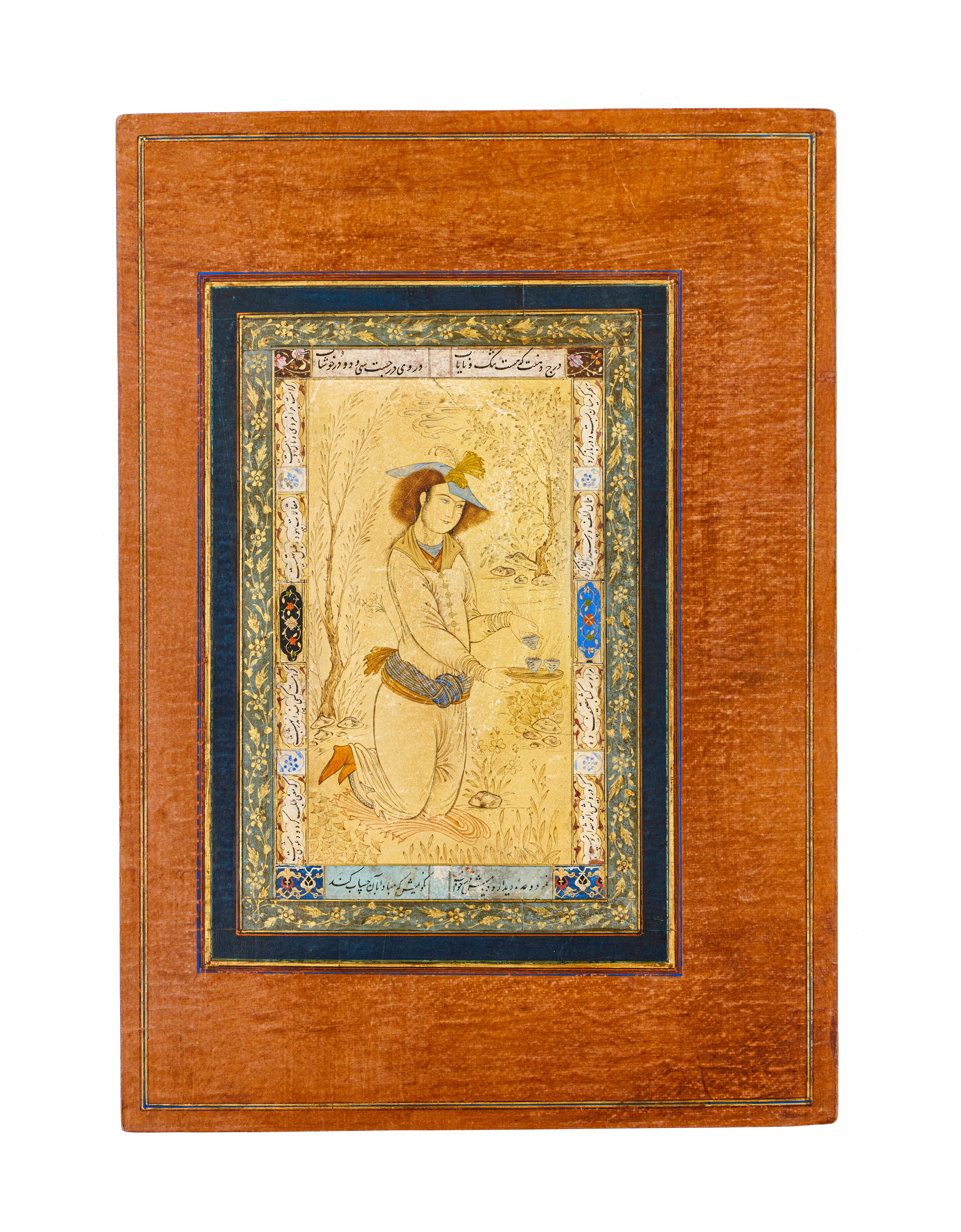IN THE MANNER OF SAFAVID, A YOUTH HOLDING COFFEE CUPS, 18TH/19TH CENTURY, PERSIA