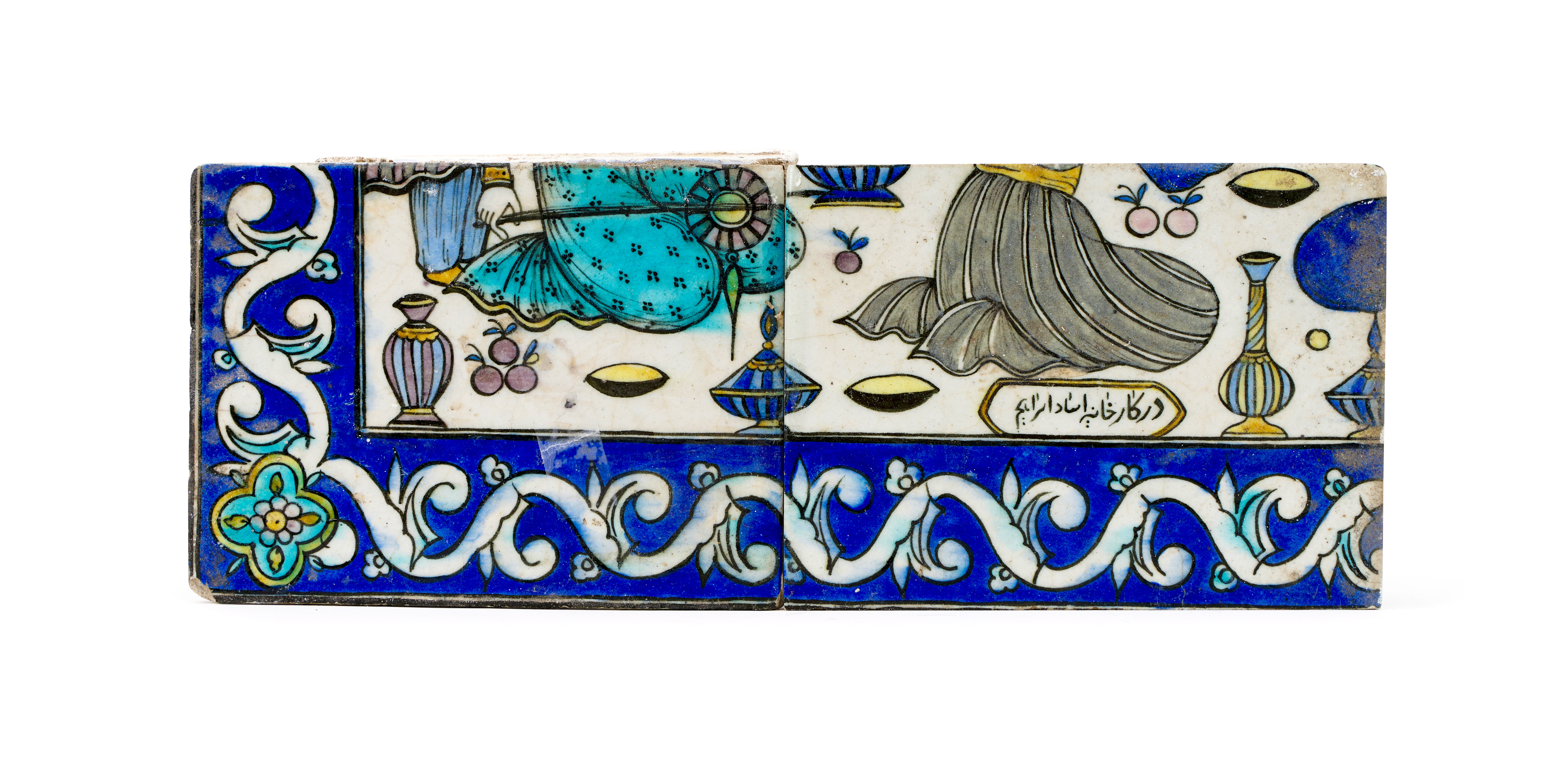 TWO QAJAR POLYCHROME TILES, ONE SIGNED, 19TH/20TH CENTURY