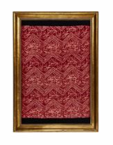 A FRAMED OTTOMAN WOVEN SILK LAMPAS WEAVE TOMB COVER FRAGMENT, TURKEY LATE 19TH CENTURY