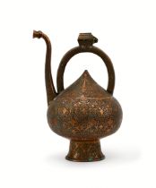 A PERSIAN TINNED COPPER CALLIGRAPHIC INSCRIBED EWER, 18TH CENTURY