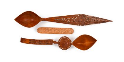 ASSORTMENT OF QAJAR ABADEH SHIRAZ CARVED WOODEN SPOONS & PEN CASE