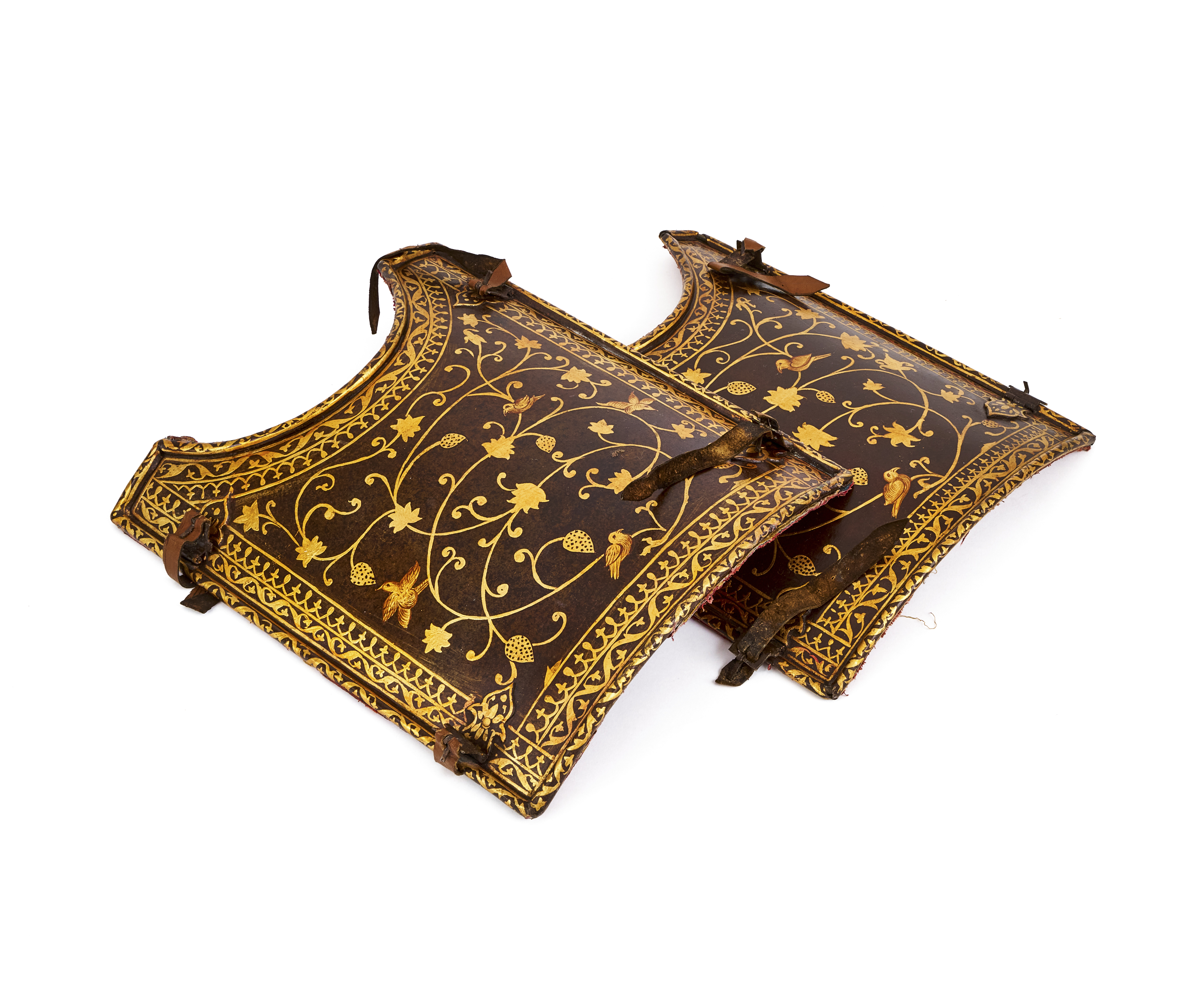 A PAIR OF GOLD-DAMASCENED STEEL SIDE ARMOUR PLATES, 19TH CENTURY, QAJAR