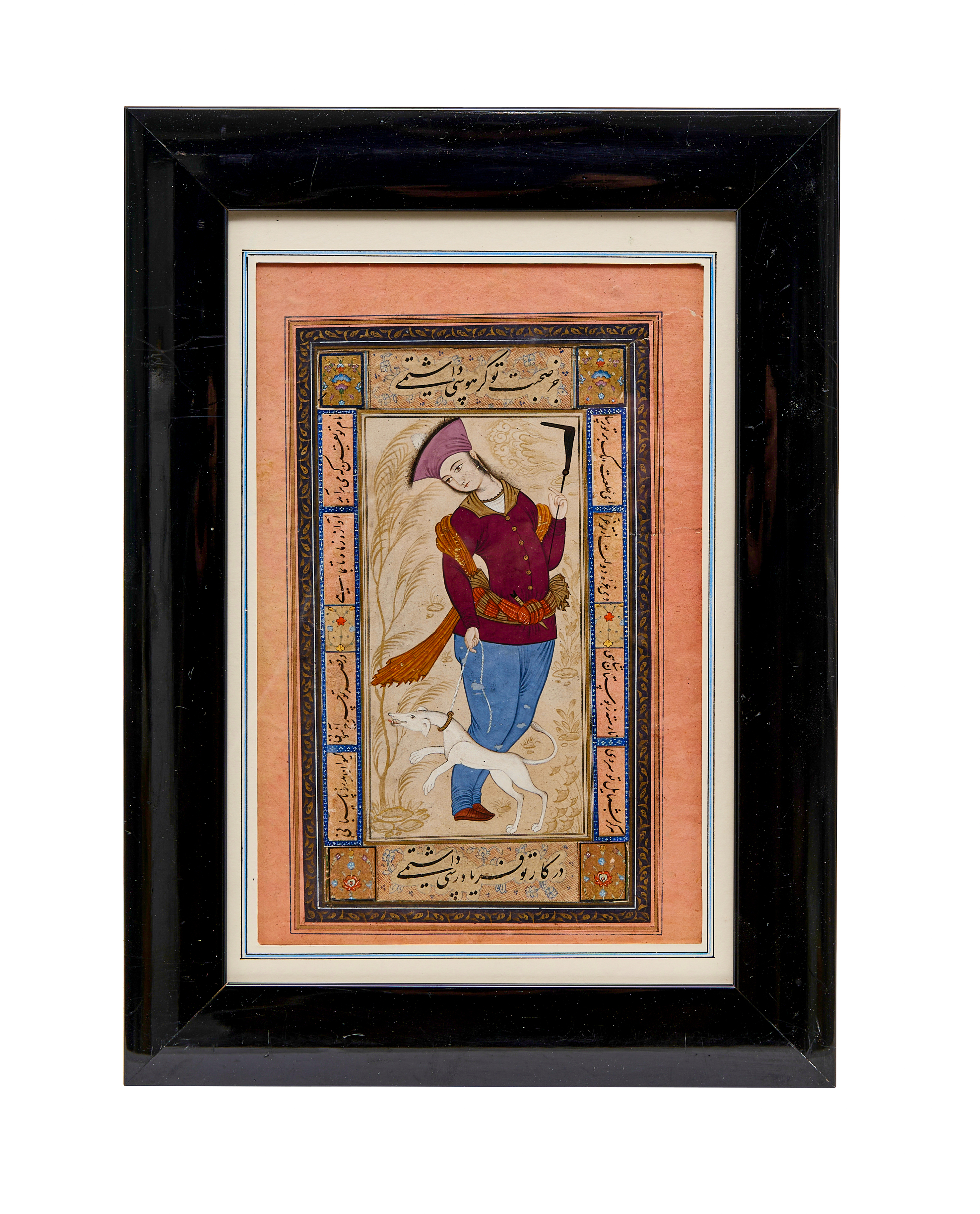 A PERSIAN MINIATURE OF A YOUTH WITH A DOG, SIGNED MU'IN MUSAVVIR, 19TH CENTURY, QAJAR