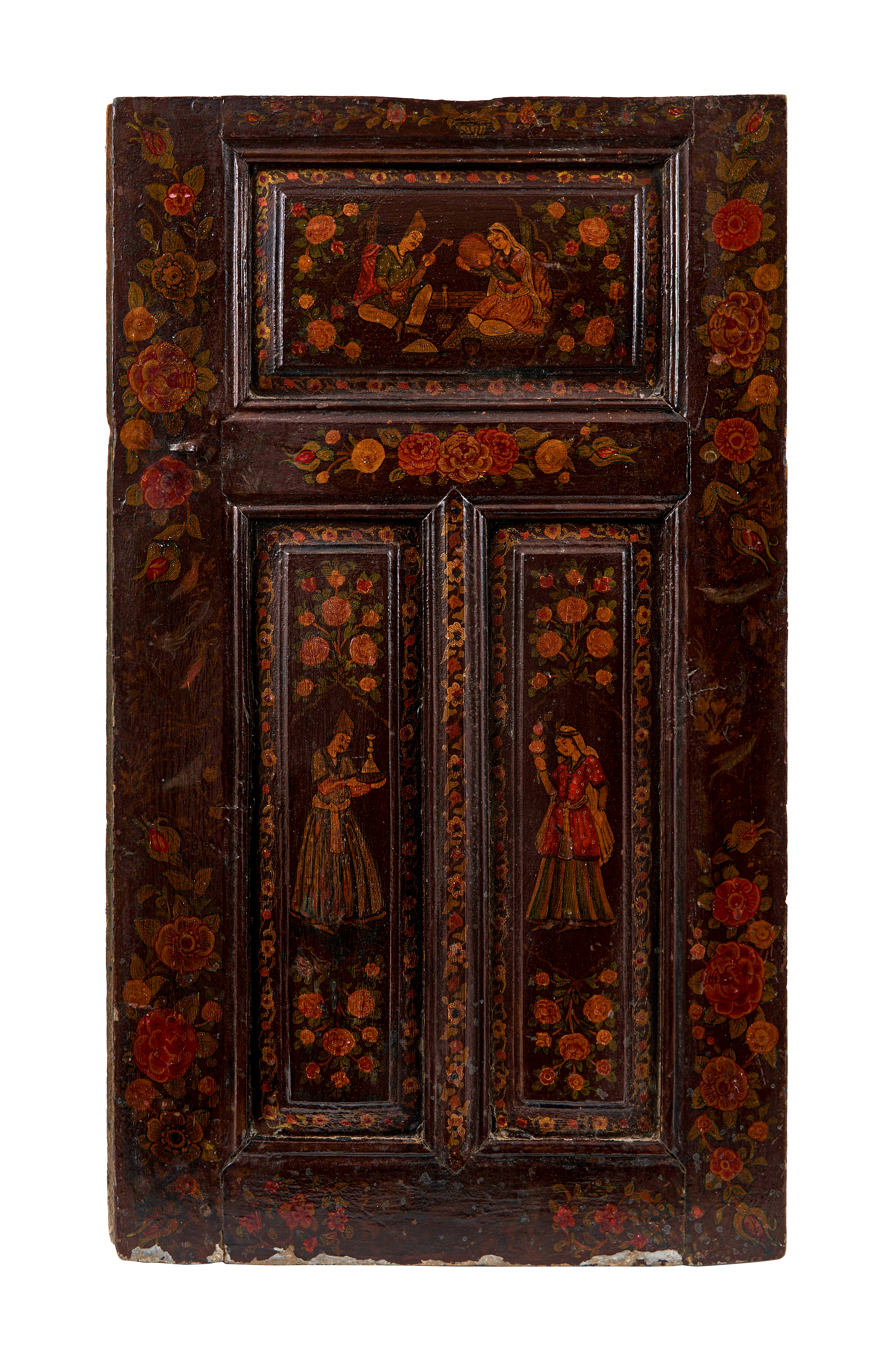 A PAIR OF QAJAR PAINTED AND GESSO APPLIED WOODEN DOORS, 19TH CENTURY, PERSIA - Image 3 of 4