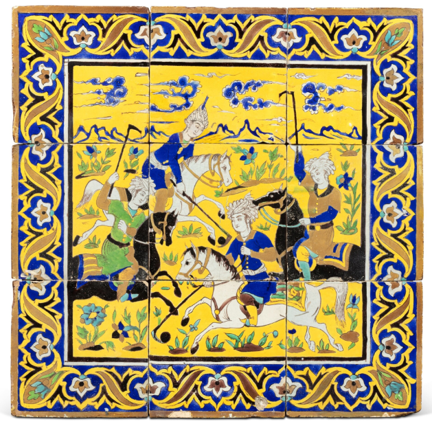 A LARGE SAFAVID YELLOW GROUND POLYCHROME POLO CERAMIC PANEL, 17TH/18TH CENTURY. PERSIA