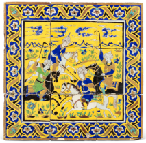 A LARGE SAFAVID YELLOW GROUND POLYCHROME POLO CERAMIC PANEL, 17TH/18TH CENTURY. PERSIA