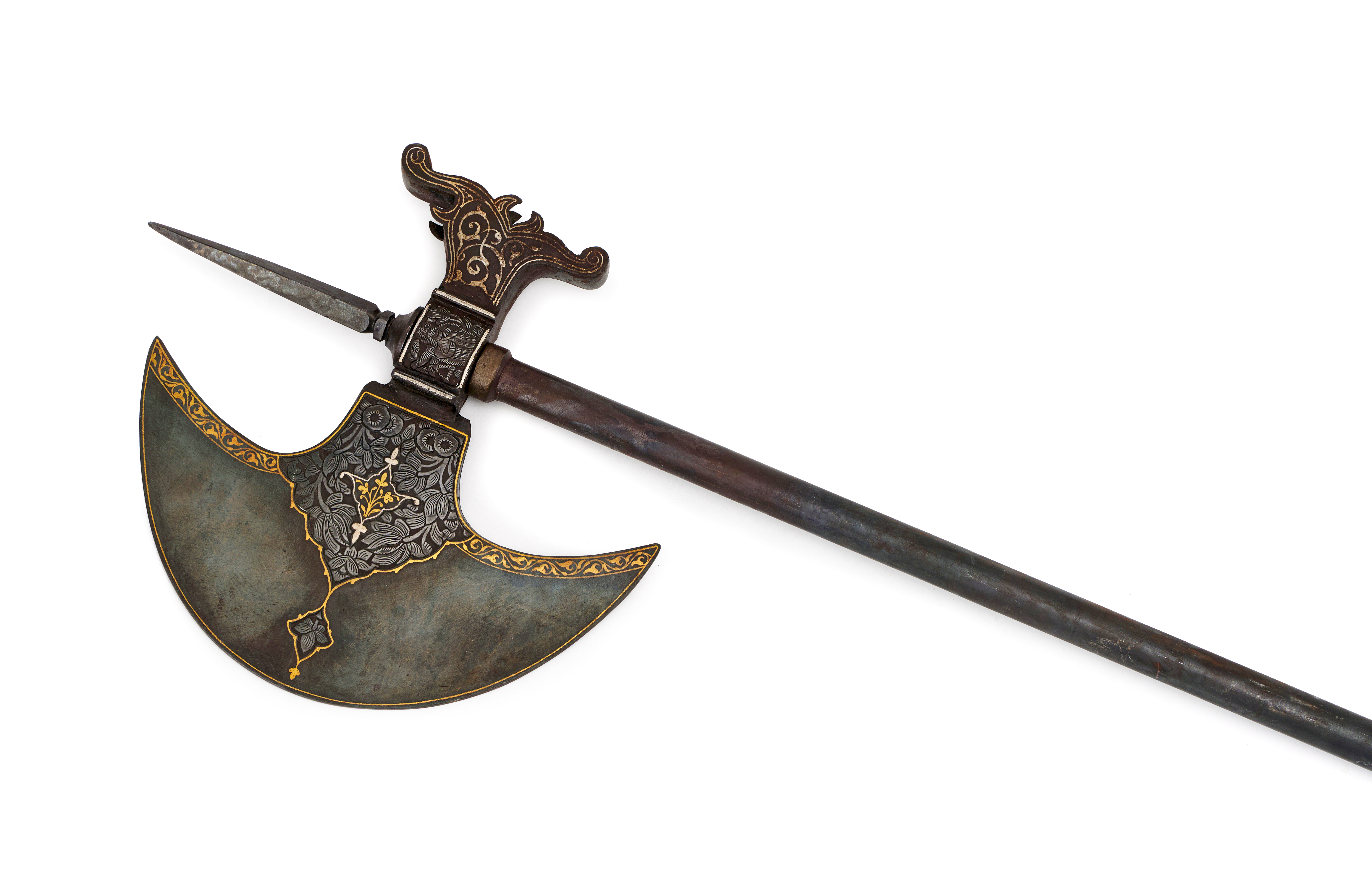 A QAJAR GOLD DAMASCENED STEEL AXE, PERSIA, 19TH CENTURY - Image 2 of 3