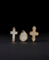 THREE MOTHER OF PEARL RELIGIOUS AMULETS SET ON GOLD, 19TH CENTURY, OTTOMAN OR GREEK