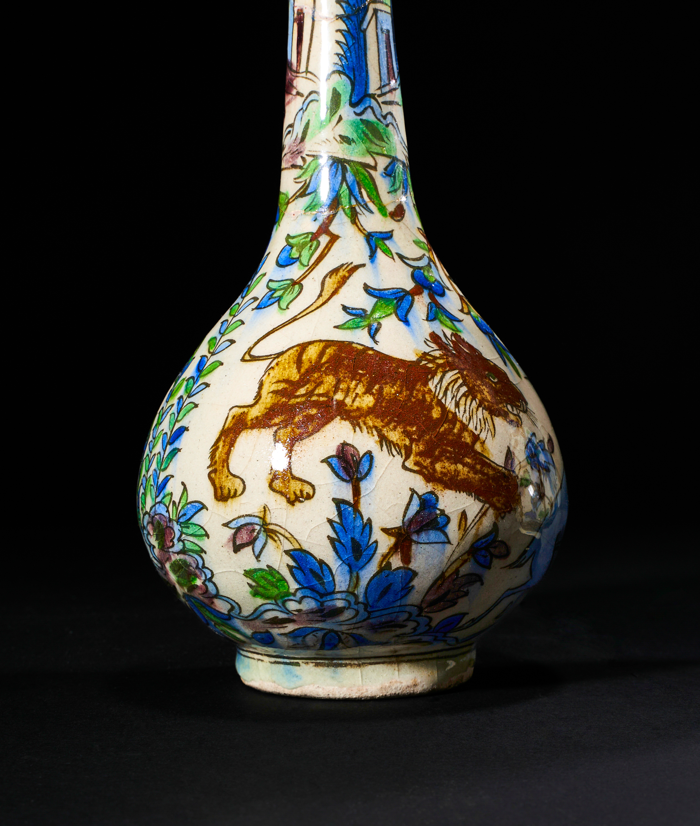 A PAIR OF POLYCHROME QAJAR HUNTING SCENE ROSEWATER SPRINKLER BOTTLE VASES, 19TH CENTURY - Image 3 of 5