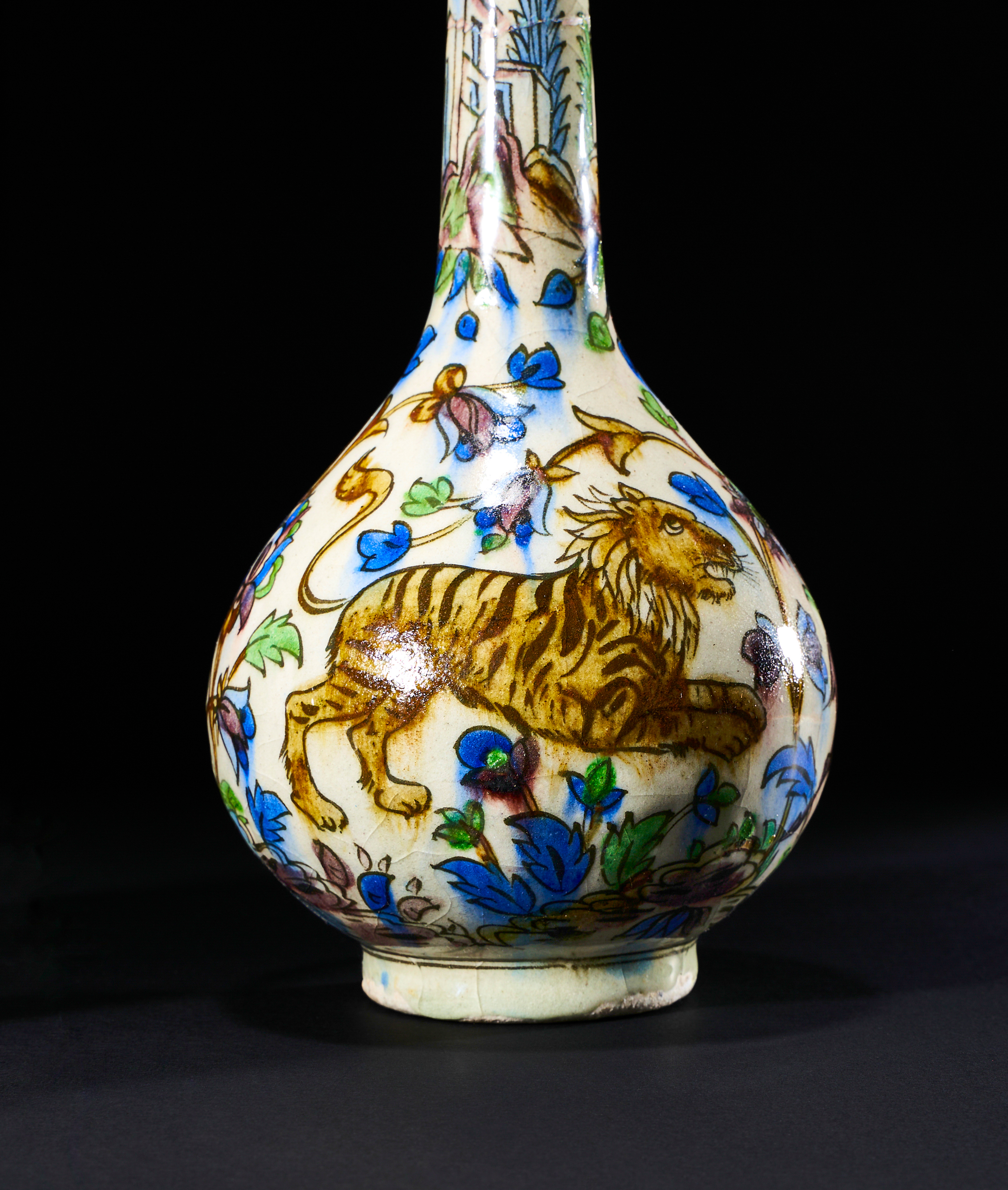 A PAIR OF POLYCHROME QAJAR HUNTING SCENE ROSEWATER SPRINKLER BOTTLE VASES, 19TH CENTURY - Image 4 of 5