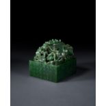 AN INSCRIBED CHINESE SPINACH JADE SEAL, 19TH CENTURY